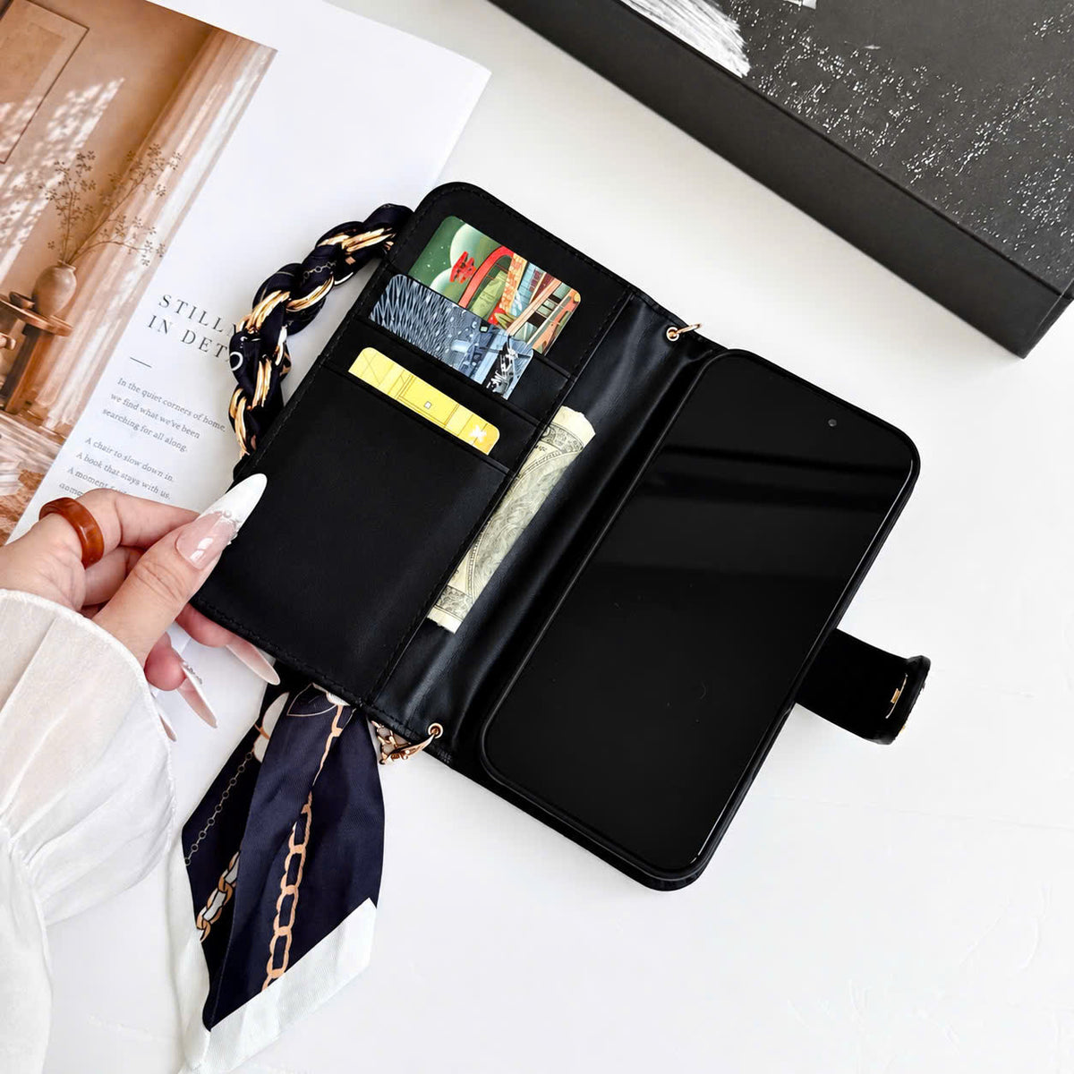 Full Coverage Wallet iPhone Case with Card Holder & Scarf Handle